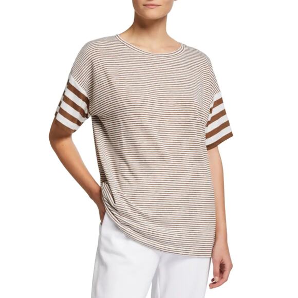 MAXMARA Leisure Striped Linen Blend Knit T-Shirt Short Sleeve in Brown Women's L - Picture 1 of 8